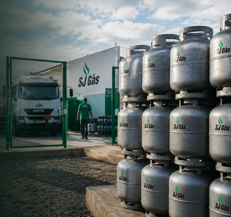 Botijões de gás da marca SJ Gás empilhados no depósito, com a fachada ao fundo.